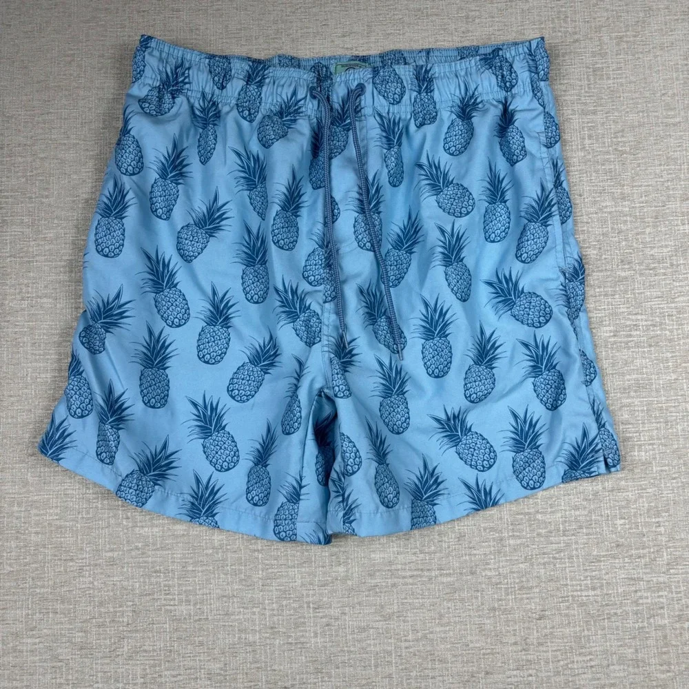 Burnside Mens Blue Pineapple Print Swim Trunks Mesh Lined Shorts Size Large
